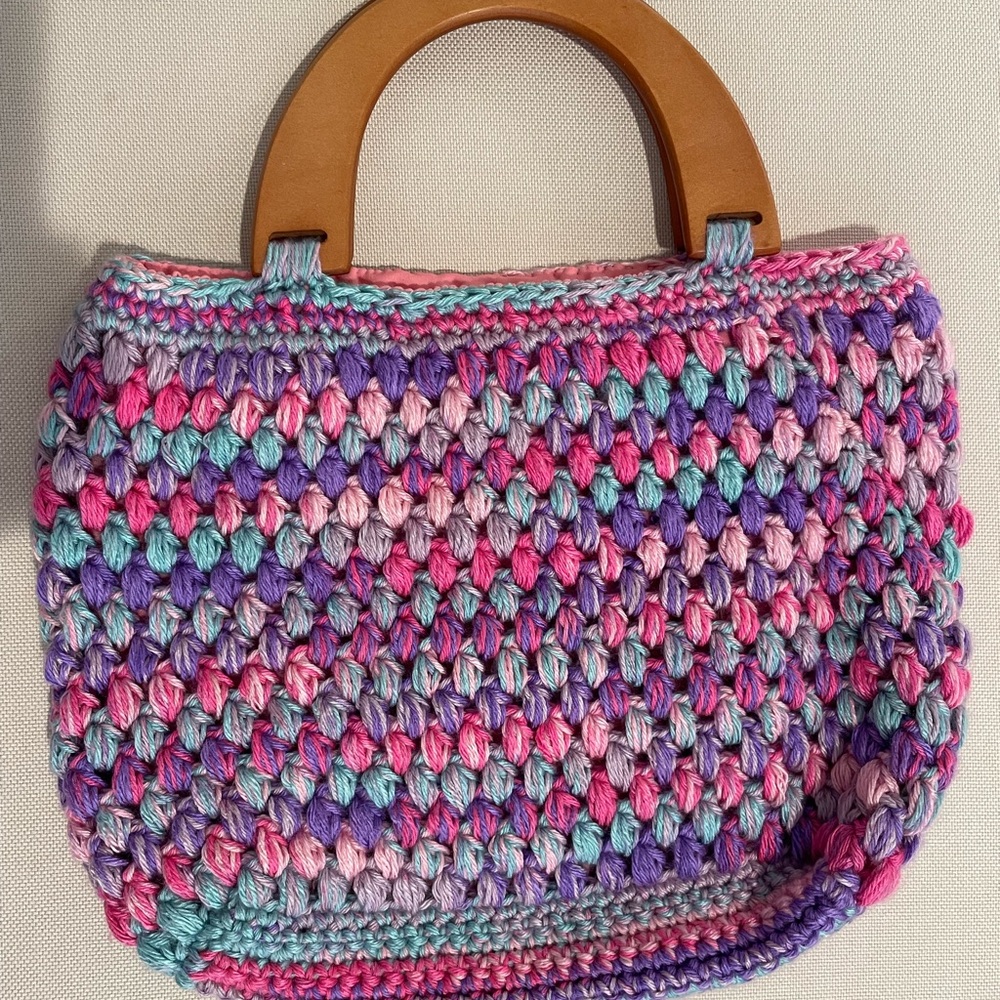 Multicolor Crochet Handbag with Wooden Handles